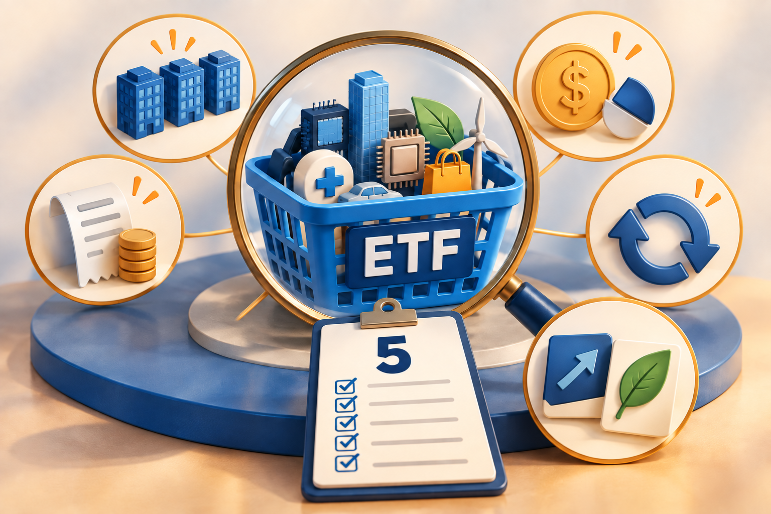 An ETF basket under a magnifying glass, surrounded by five symbols for portfolio roles, overlap, payouts, costs, and daily resets.