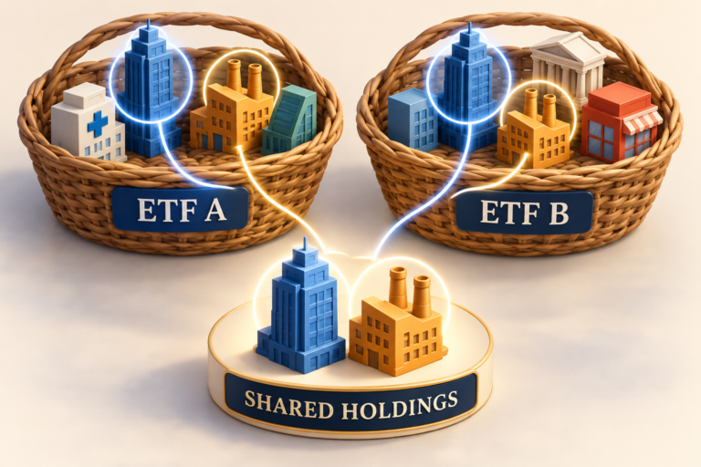 ETF A and ETF B baskets hold matching company symbols, with connecting lines highlighting shared holdings.