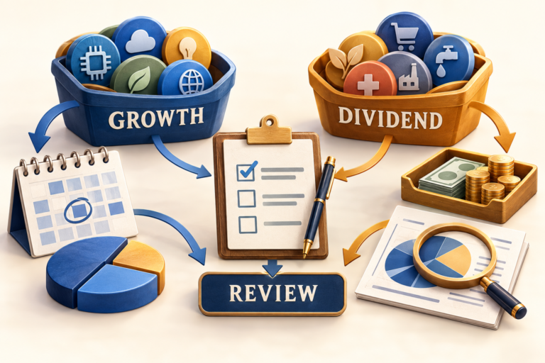 Growth and dividend ETF baskets linked to an allocation review, a cash-flow tray, and a shared review checklist.