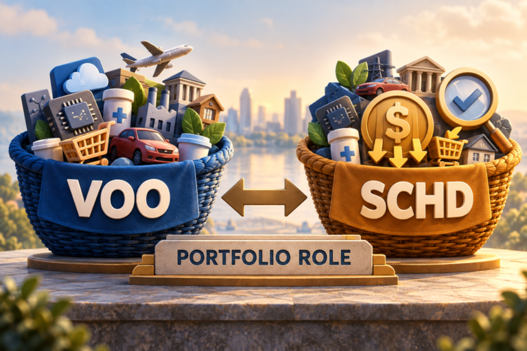 Two ETF baskets labeled VOO and SCHD with different company symbols, shared holdings, and a portfolio role card.